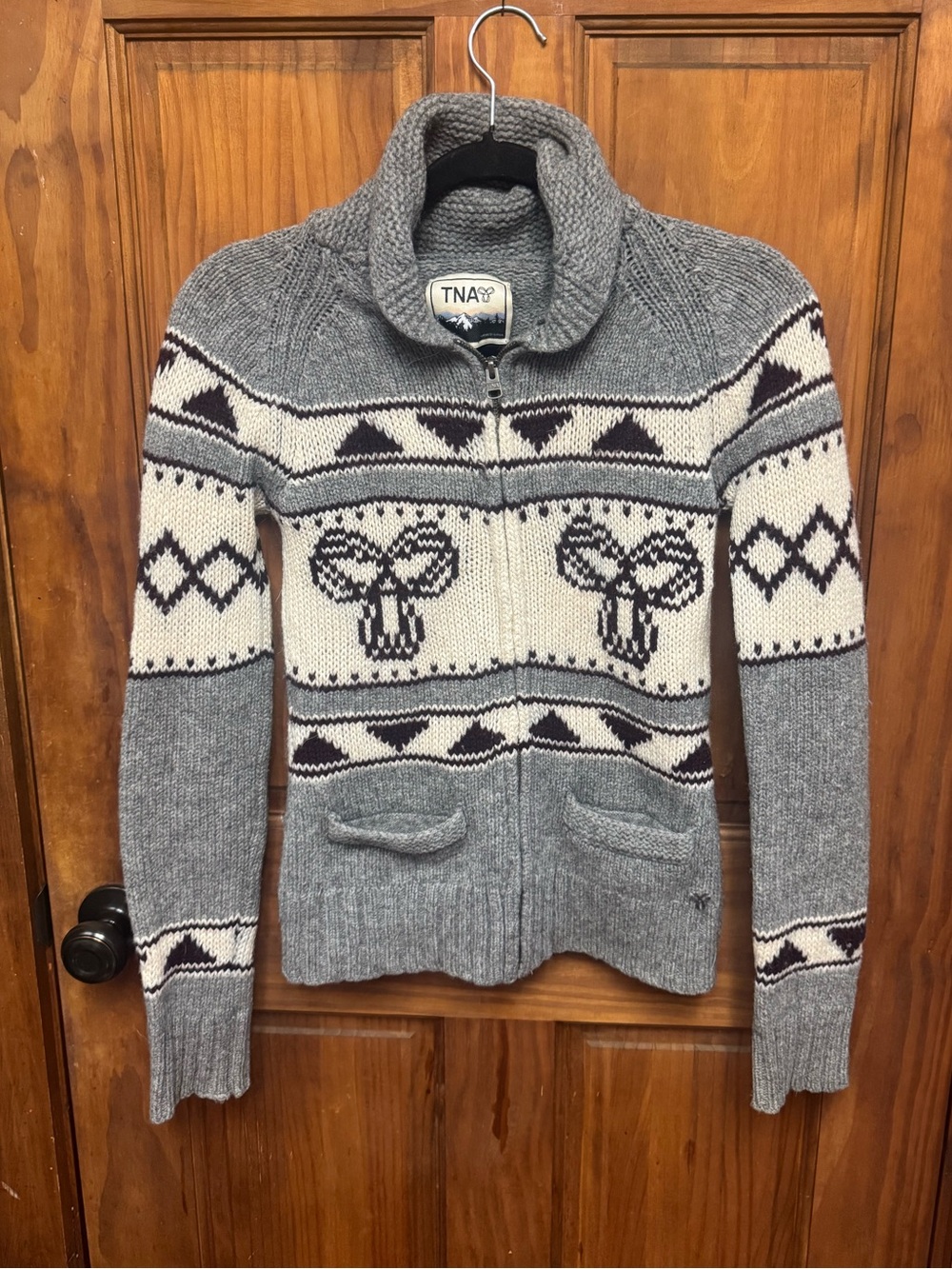 Vintage TNA Gray and Cream Fair Isle Zip-Up Sweater